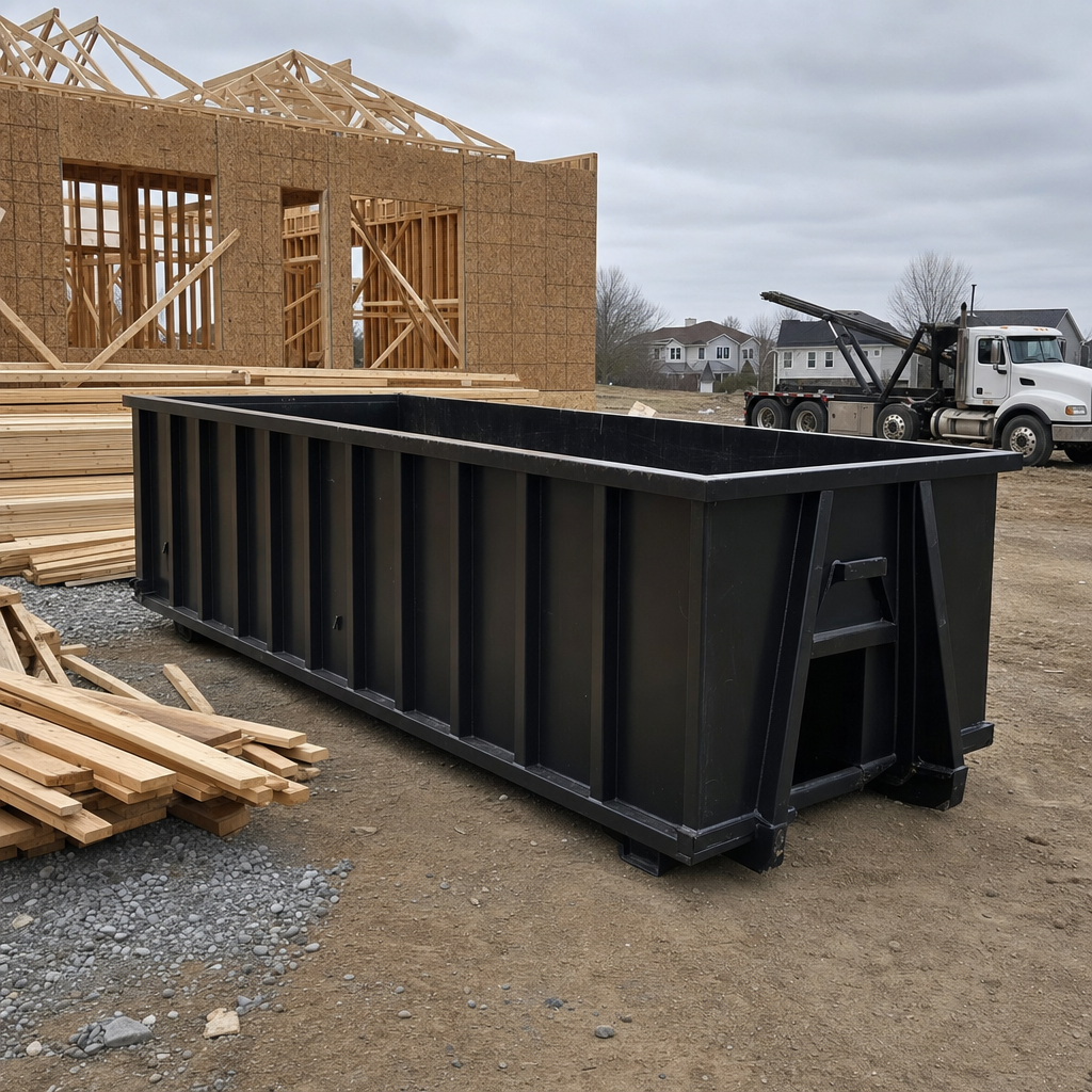 Matte-black 40-yard roll-off dumpster staged on a framed-out residential construction site in Sandy Springs, framing lumber stacked nearby, hooklift delivery truck visible in the background under bright Colorado daylight