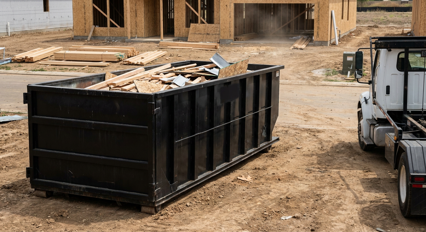 Matte-black 20-yard roll-off construction dumpster with heavy ribbed steel sidewalls and swing rear doors at a working jobsite in Sandy Springs, sitting directly on compacted dirt with an unmarked white hauler partially visible at the far edge of the frame.