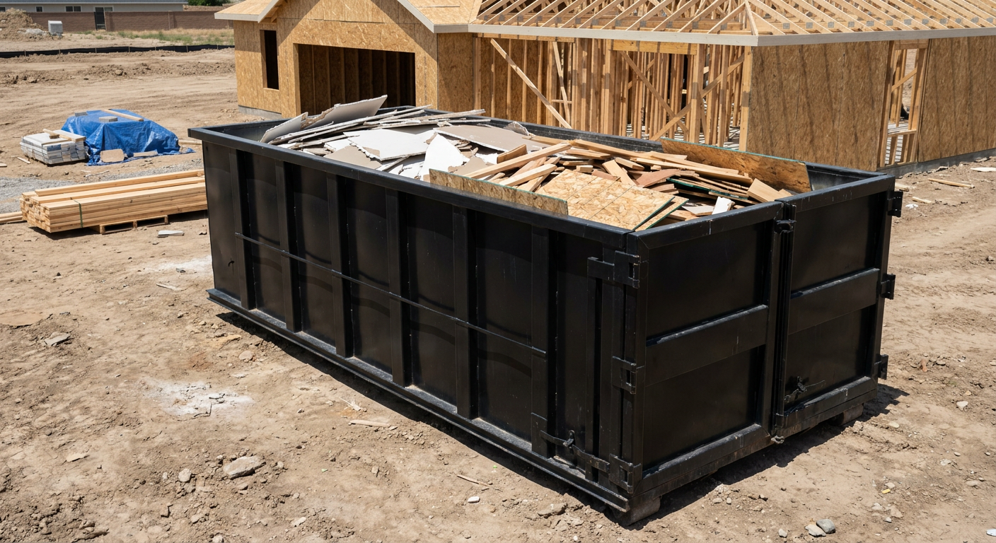 Matte-black 30-yard roll-off construction dumpster sitting directly on the compacted-dirt site of a framed single-family home build in Sandy Springs, drywall and lumber scrap loaded inside.