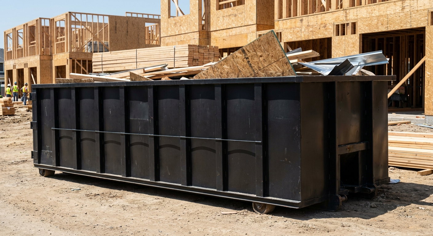 Matte-black 40-yard roll-off construction dumpster being lowered from a white-cab hooklift delivery truck onto the compacted-dirt jobsite at a commercial build site in Sandy Springs