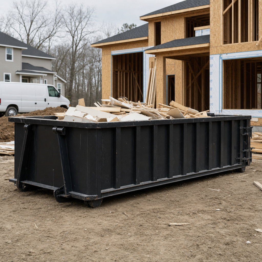 Worker in a yellow high-visibility vest tossing framing lumber and broken drywall into a matte-black 30-yard construction roll-off dumpster on an active build site in Sandy Springs, bright daylight