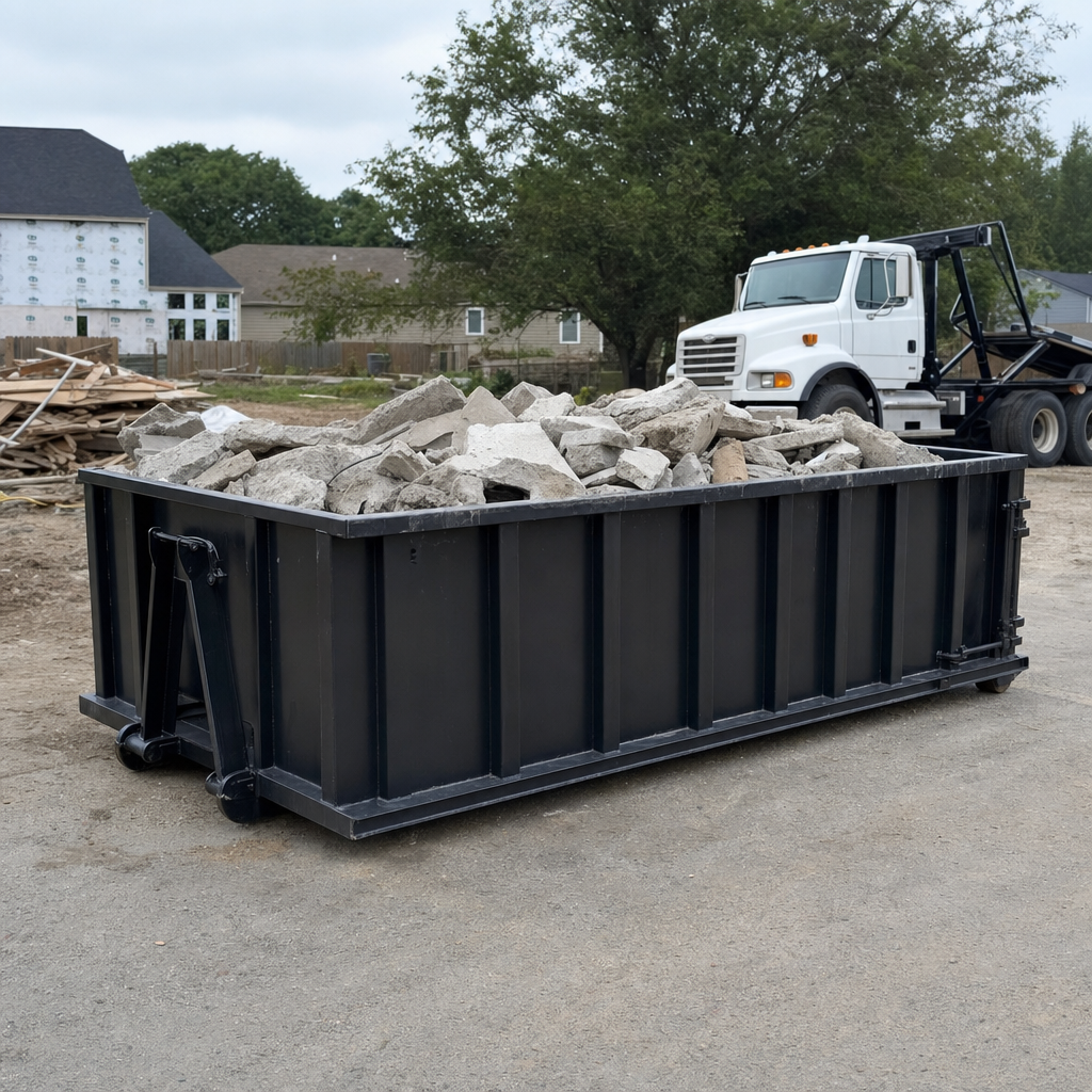 Low-profile matte-black lowboy roll-off dumpster loaded with broken concrete slab and rebar at a foundation tear-out in Sandy Springs, skid steer parked beside it, sunny Colorado morning