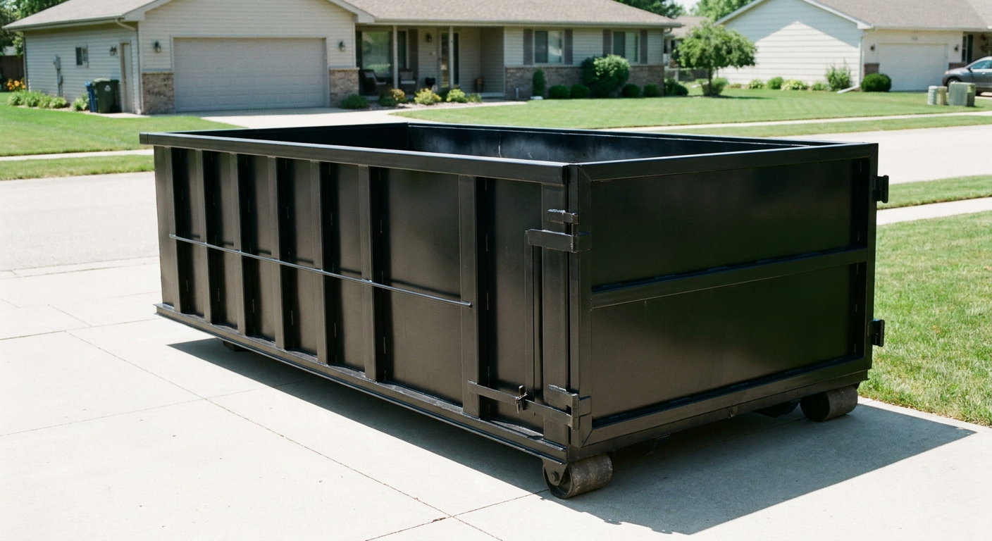 Matte-black 10-yard roll-off dumpster on a residential concrete driveway in Sandy Springs, uniformly painted matte black across every panel and rail, ribbed steel sidewalls and rear swing door visible, mid-day daylight.