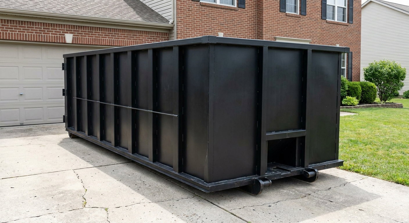 Matte-black 20-yard roll-off container on a Sandy Springs residential concrete driveway with reinforced ribbed steel sidewalls and a hinged rear walk-in door, clean bright daylight.