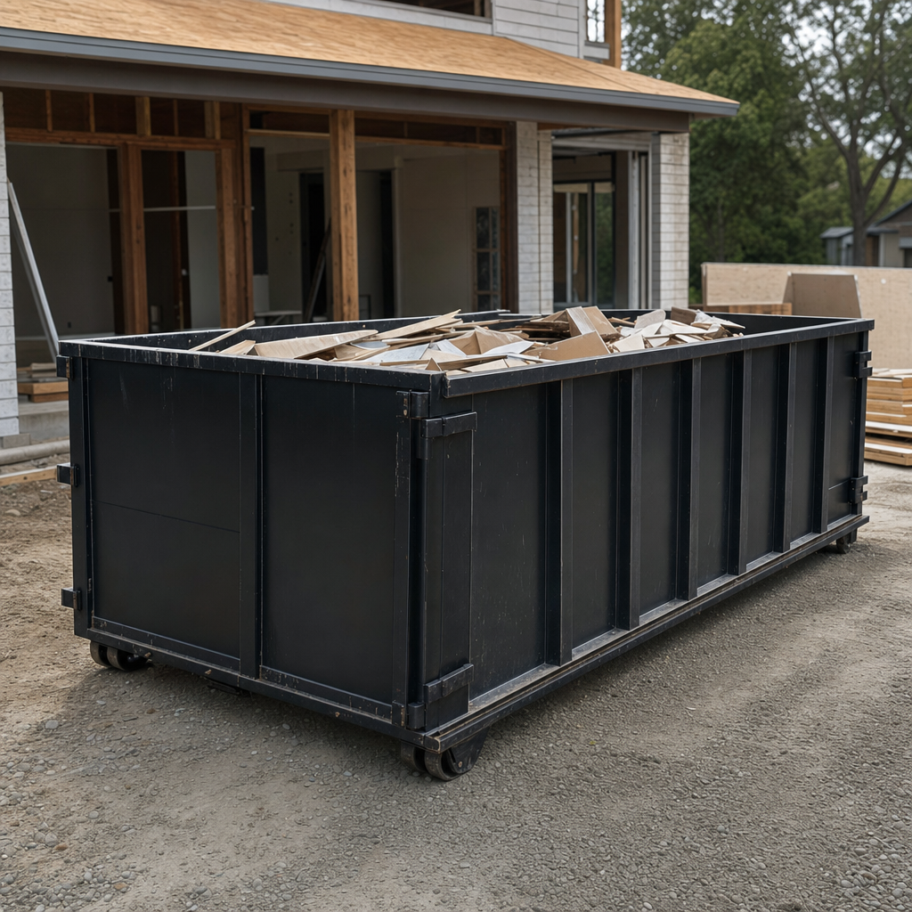 Large matte-black 30-yard construction roll-off dumpster at an active Sandy Springs jobsite, steel-gray top rails and bottom rollers visible, loaded with construction debris.