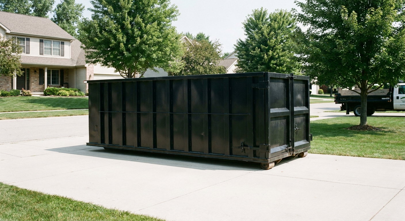 Matte-black 20-yard roll-off dumpster sitting level on a clean Sandy Springs residential concrete driveway under bright daylight, demonstrating clean placement directly on the concrete.