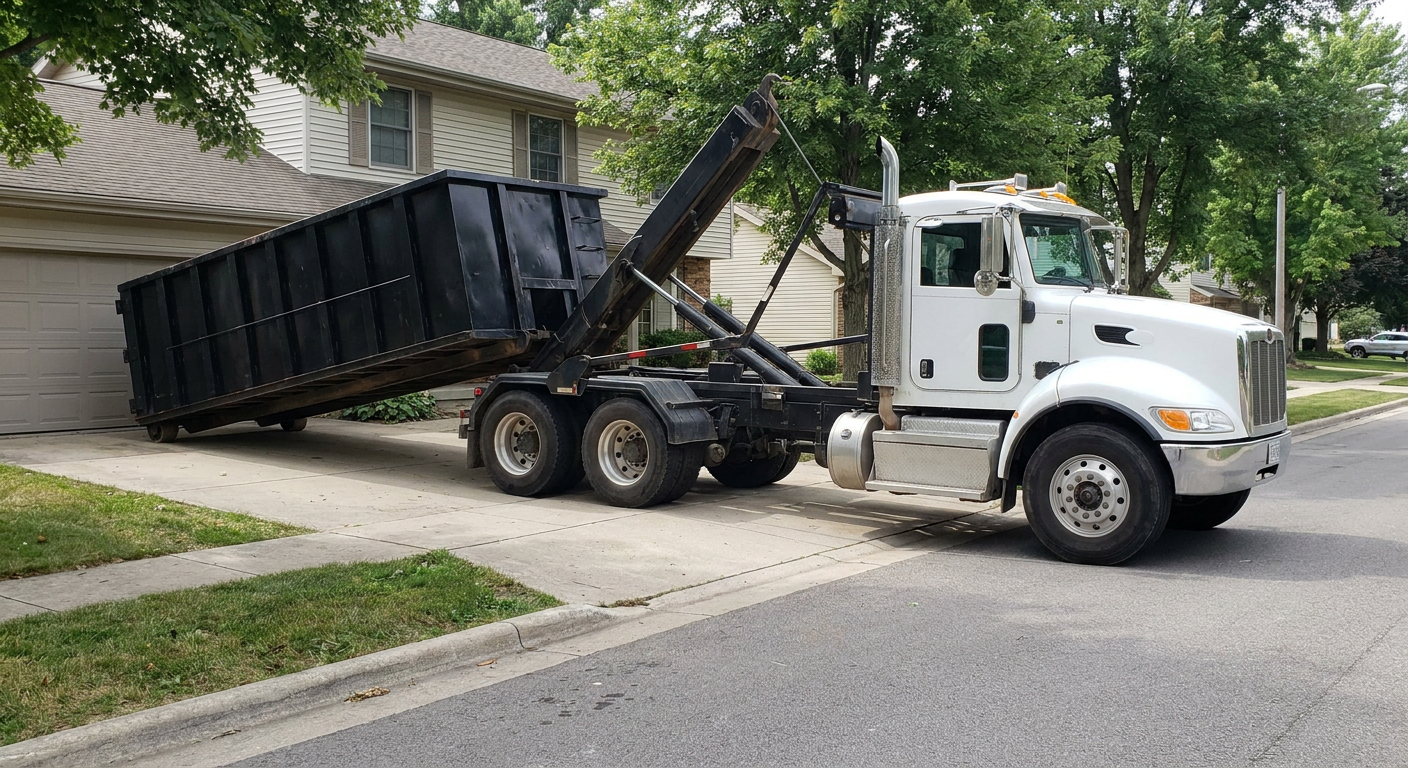 White-cab hooklift roll-off truck actively lowering a matte-black dumpster onto a Sandy Springs residential concrete driveway, the dumpster's rear wheels touching the driveway as the hoist arm tilts the bed forward, mid-morning daylight.