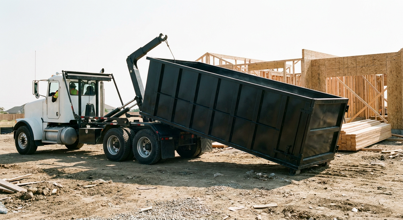 Matte-black roll-off dumpster being delivered onto a clean residential concrete driveway in Sandy Springs by an unmarked white hooklift hauler truck, bright morning daylight, documentary 35mm perspective.