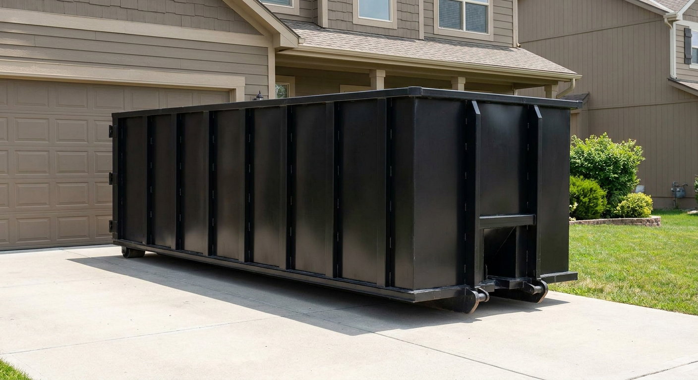Matte-black residential roll-off dumpster sitting directly on a suburban Sandy Springs concrete driveway, garage door closed, single-family home in background, bright morning daylight.