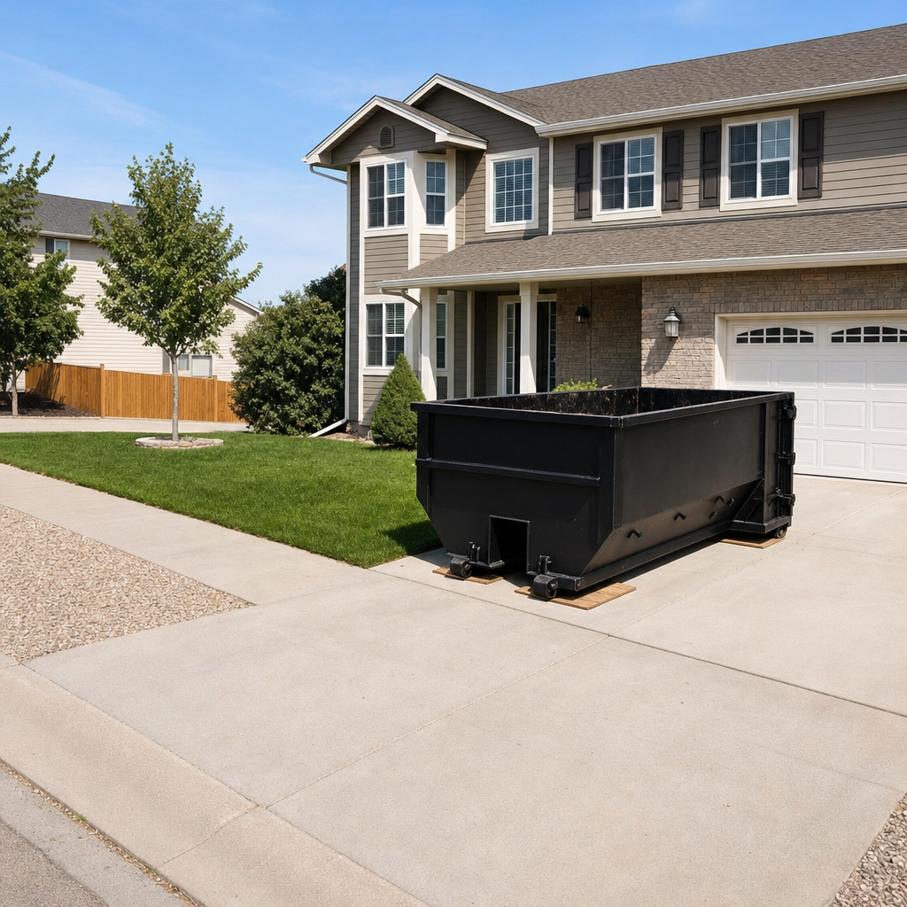 10-yard matte-black residential dumpster placed directly on a narrow Sandy Springs concrete driveway, room remains for a parked sedan beside it, mid-morning natural light