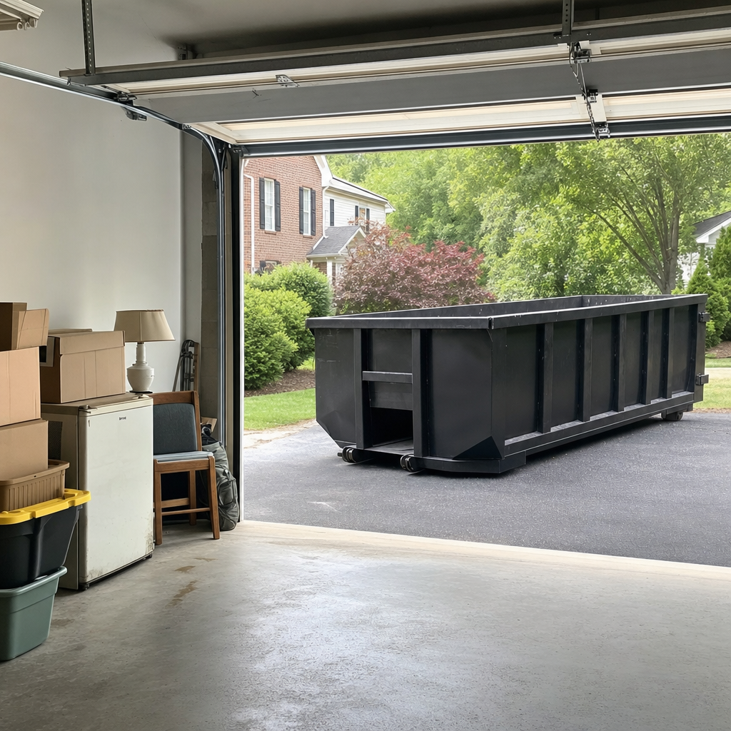 Open garage interior in a Sandy Springs home mid-cleanout — boxed items, an old appliance, and stacked yard tools queued near the driveway for a matte-black roll-off dumpster, organized and calm