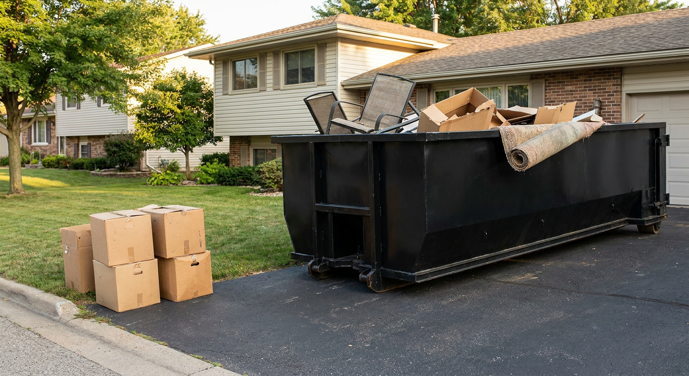 Front-yard view of a Sandy Springs split-level home with a 20-yard matte-black roll-off dumpster sitting directly on the asphalt driveway, a few clearly labeled donation boxes staged at the curb, calm sunny afternoon.