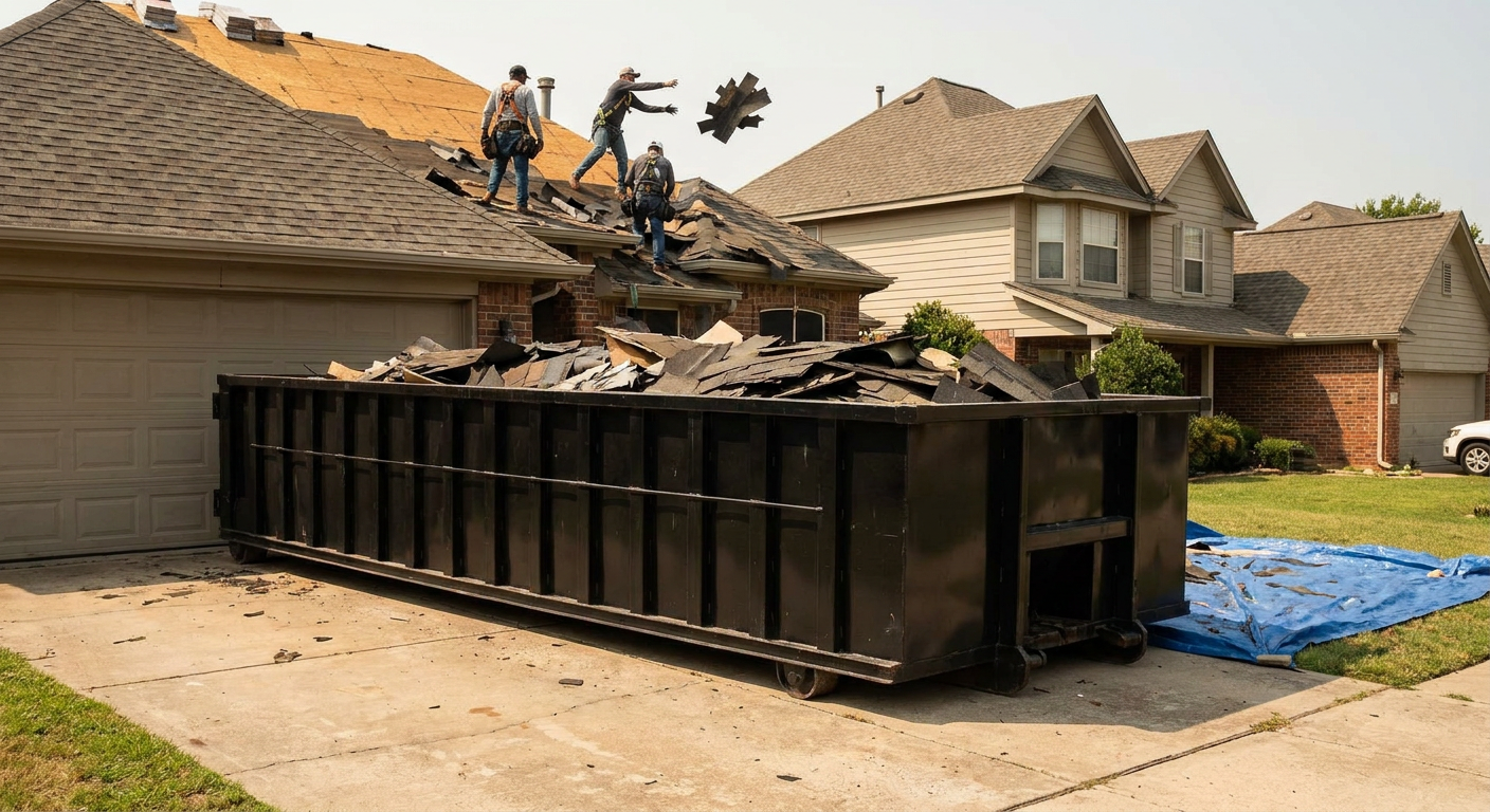 Matte-black roofing roll-off dumpster placed directly on a Sandy Springs residential concrete driveway, a tear-off crew on a two-story asphalt-shingle roof tossing shingle bundles into the low-walled container, bright daylight, documentary 35mm perspective.