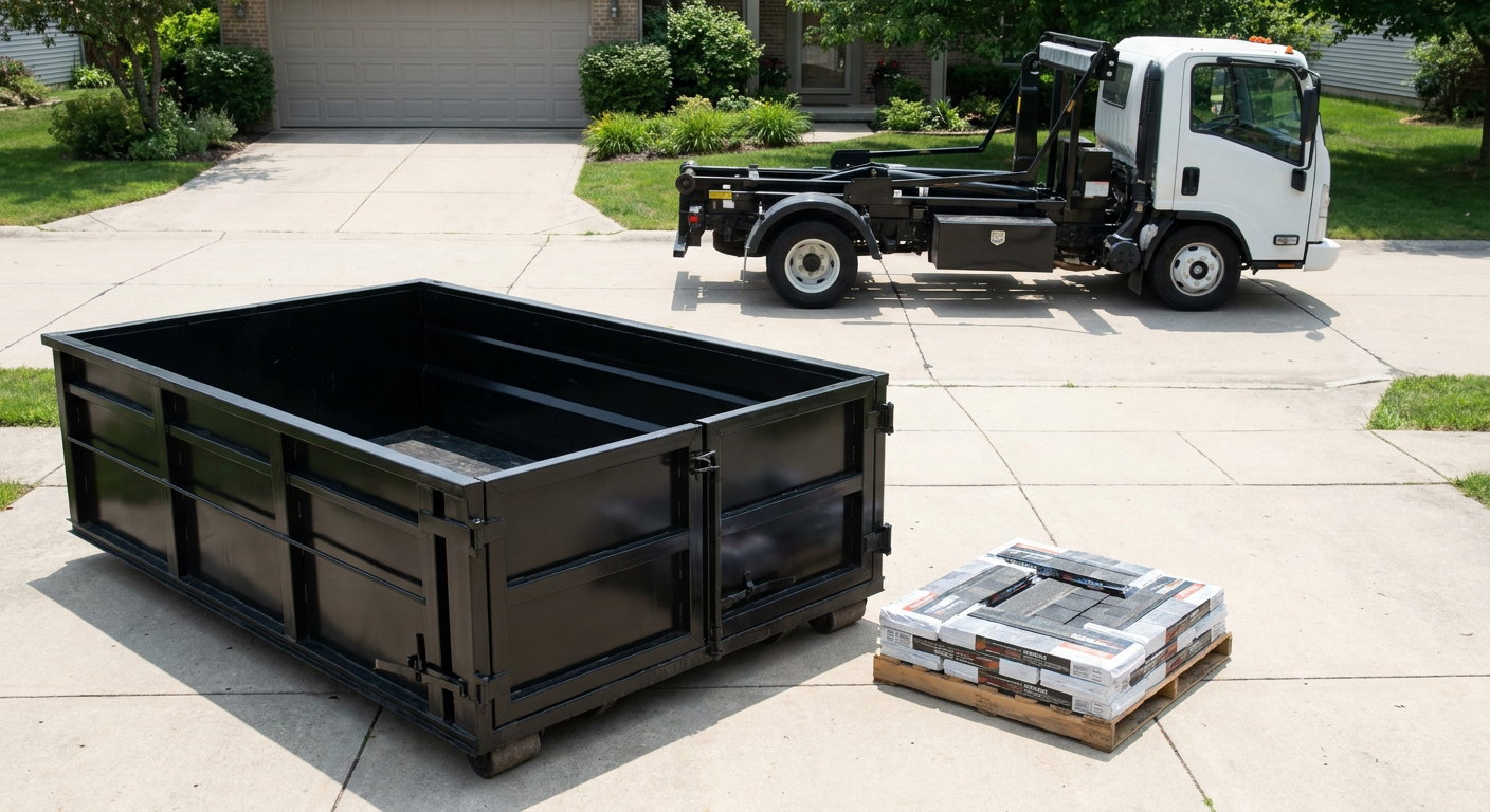 Matte-black 15-yard roofing roll-off dumpster with reinforced low side walls sitting directly on a Sandy Springs residential concrete driveway, three-tab asphalt shingle bundles stacked nearby, an unmarked white hauler truck partially visible at the edge of the frame.