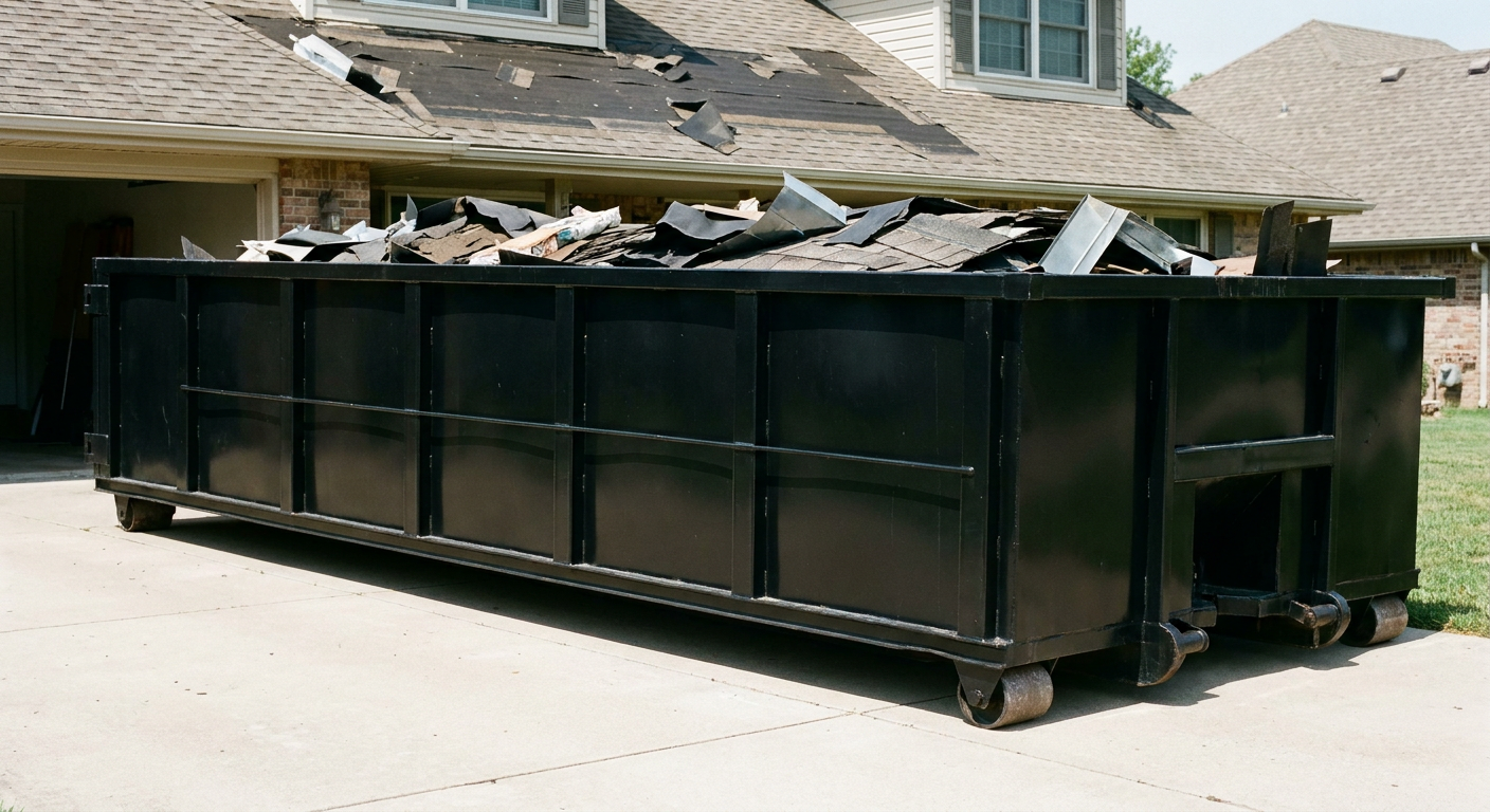 Matte-black 20-yard roofing roll-off dumpster with steel ribbed sides and swinging rear door, sitting directly on the concrete driveway of a two-story Sandy Springs home, asphalt shingle debris being loaded over the low wall, clean documentary lighting.