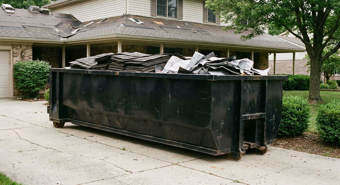 Matte-black 30-yard roofing roll-off dumpster sitting directly on a Sandy Springs concrete driveway, taller ribbed steel side panels, mixed tear-off debris of asphalt shingles and underlayment inside, professional documentary daylight.