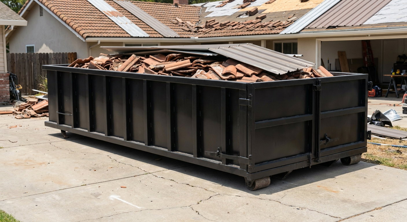 Matte-black low-wall heavy-debris roofing roll-off dumpster sitting directly on a Sandy Springs concrete driveway, broken concrete clay roof tiles and metal panel sections loaded inside, reinforced ribbed steel side walls visible, bright outdoor daylight.