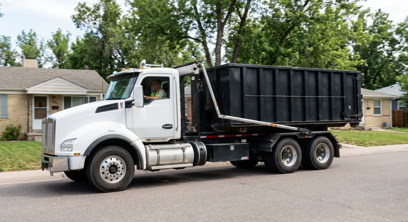 A wide documentary shot of a matte-black roll-off delivery truck pulling onto a quiet Sandy Springs residential street at mid-morning, with neighborhood rooftops and tree-lined blocks visible behind, showing the metro coverage footprint.