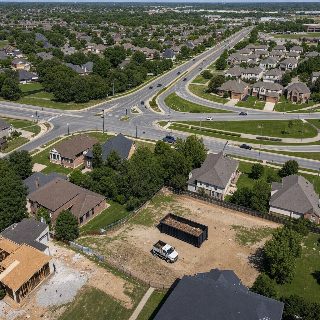 An overhead documentary view of the Sandy Springs metro area at midday, showing the spread of neighborhoods, arterial roads, and the dispatch radius from a central yard — clean daylight, organized geographic layout.