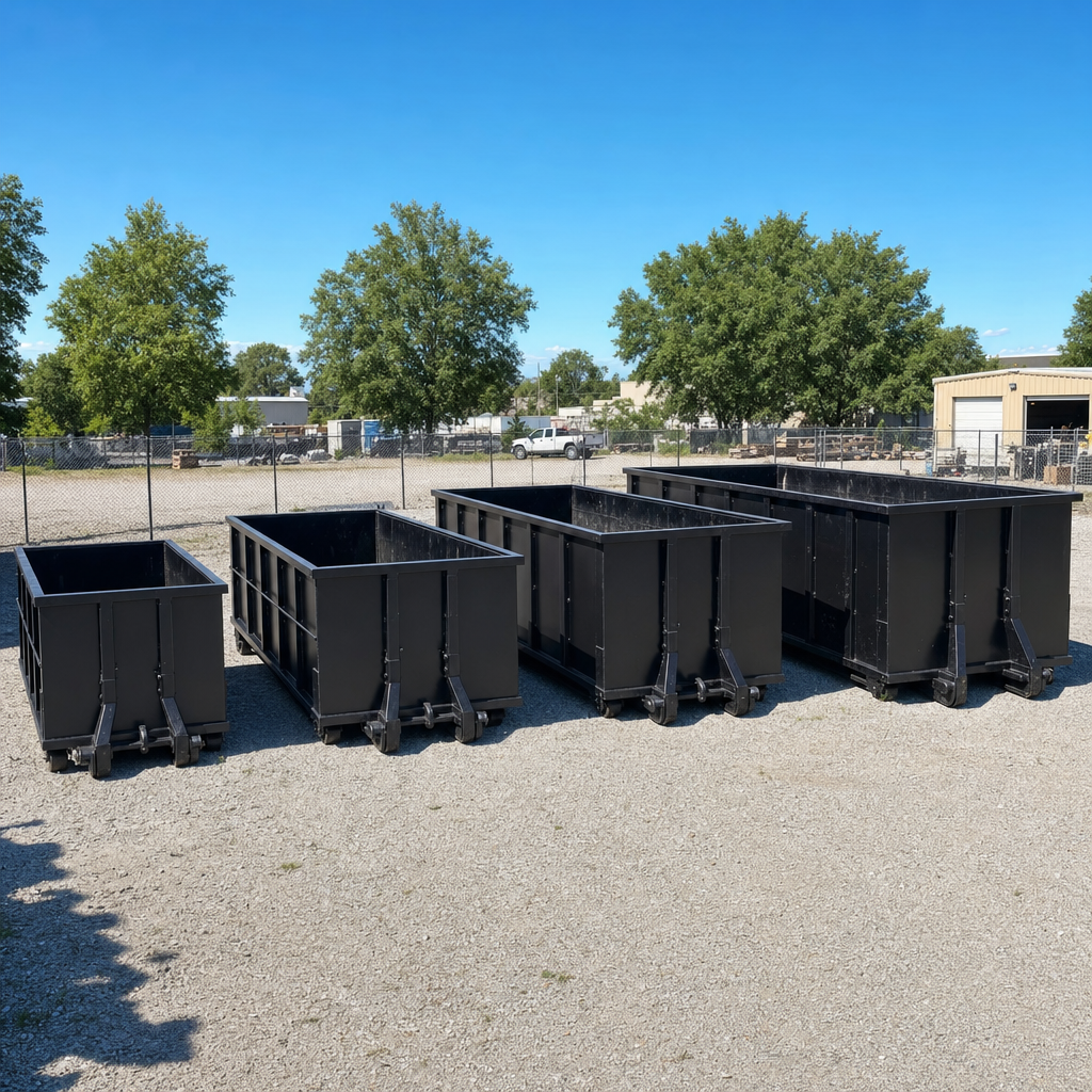 A clean lineup of matte-black roll-off dumpsters in 10, 20, 30, and 40-yard sizes staged on a sunlit gravel yard in Sandy Springs, showing the size progression from compact to commercial-scale containers.