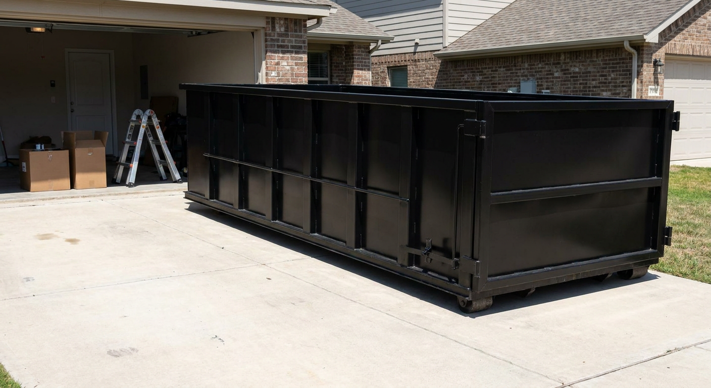 A matte-black 10-yard roll-off dumpster sitting directly on a residential Sandy Springs concrete driveway, mid-day sunlight, clean and ready for a garage cleanout.