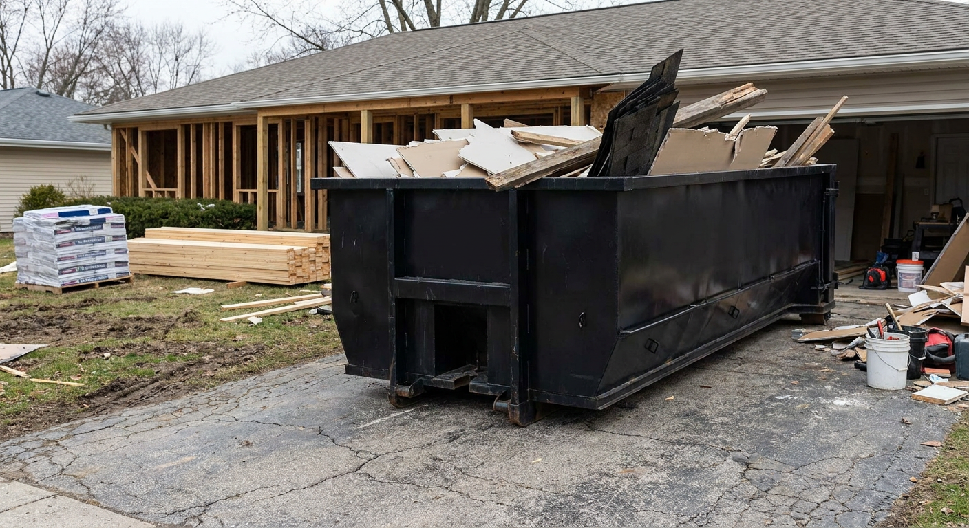 A matte-black 20-yard roll-off dumpster placed alongside a mid-renovation Sandy Springs home directly on the asphalt driveway, with framing materials and torn-off shingles staged neatly nearby.