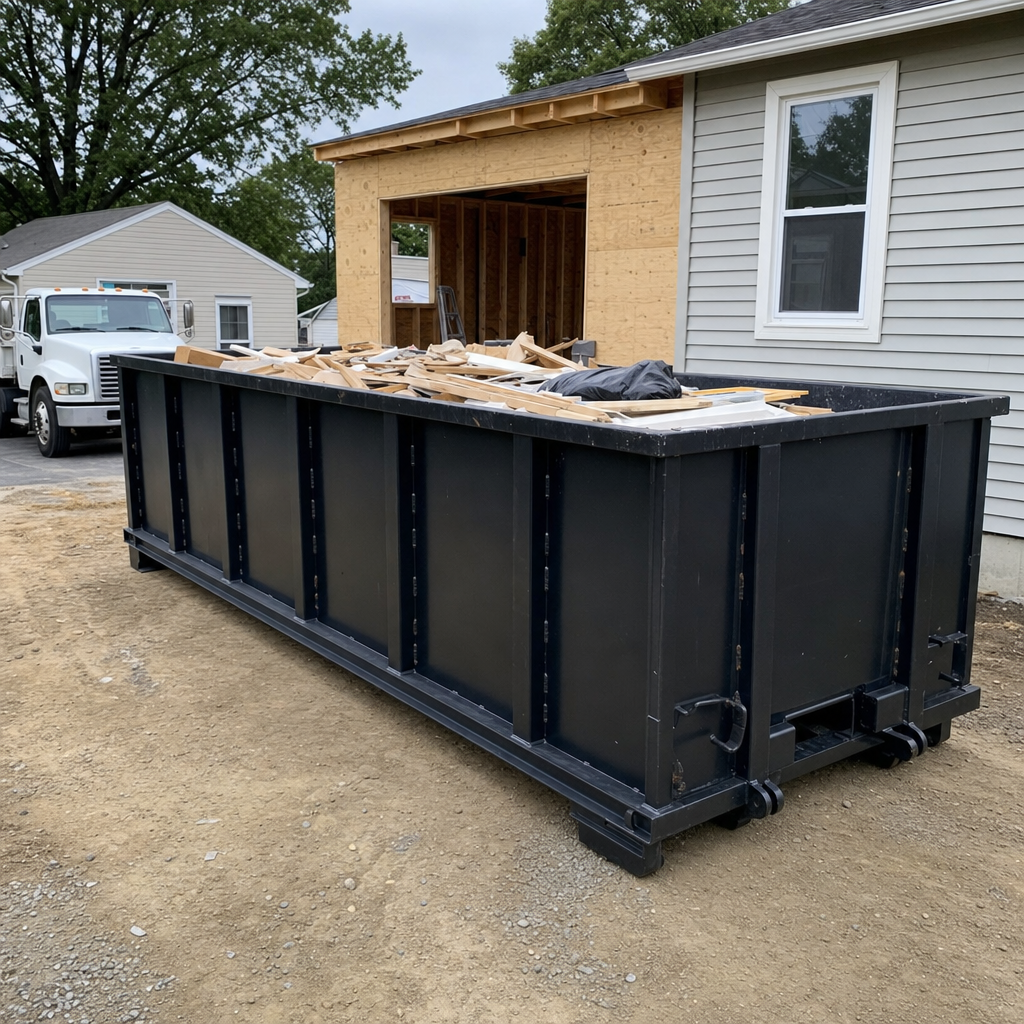 A matte-black 30-yard roll-off dumpster positioned at a Sandy Springs residential addition jobsite, with framing lumber and drywall scraps loaded through the open swinging rear doors.