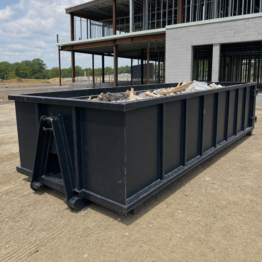 A matte-black 40-yard roll-off dumpster staged on a large Sandy Springs commercial construction lot, with a hooklift delivery truck parked alongside under bright midday sky.