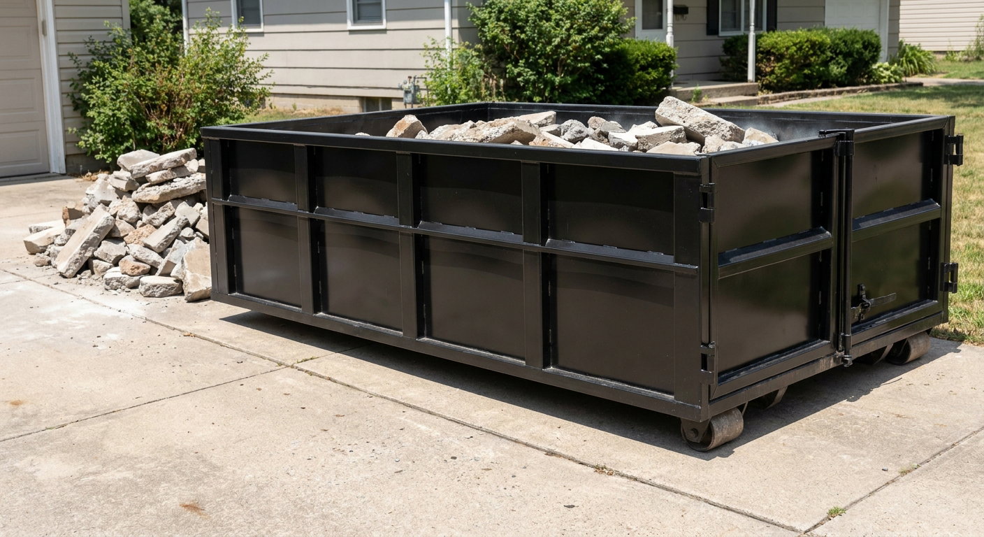 A matte-black low-side heavy-debris roll-off dumpster placed directly on a Sandy Springs concrete driveway, with broken concrete chunks neatly stacked beside it under clean daylight.
